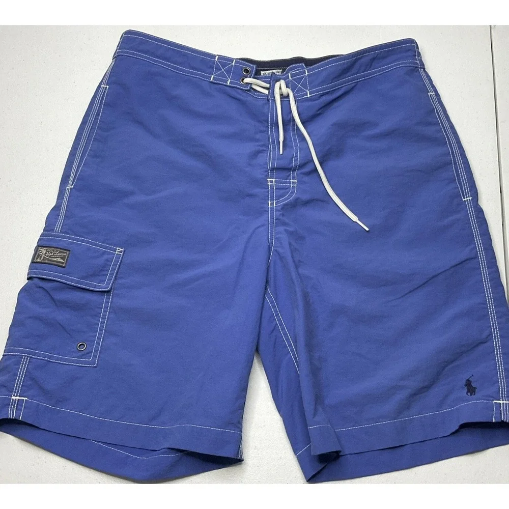 Polo Ralph Lauren Shorts Men Sz M Board Swim Trunks Mesh Lined Blue Pockets Pony
